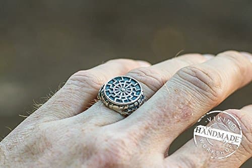Ring with Black Sun Sumbol Sterling Silver Ring with Oak Leaves Viking Jewelry Norse Jewelry