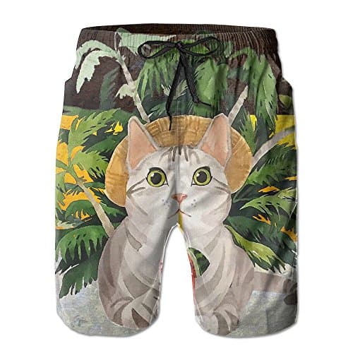 Cute Cat Is Drinking Juice With Plam Trees Swim Trunks Quick Dry Beach Board Shorts Men Pants Household Shorts