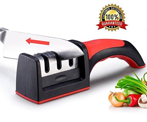 Kitchentbf Knife Sharpener with Handle for Straight and Serrated Knives,3-Stage Knife Sharpening Tool Helps Repair, Restore and Polish Blades,Sharpens Dull Knives Quickly, Safe - Red and Black