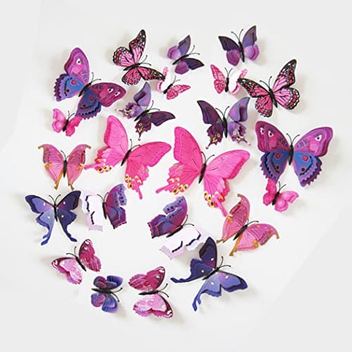 Euter 24 pcs Pretty 3D Butterfly Removable Decorations DIY Art Wall Deacls Girls Room Background Wall Living Room Wall Stickers Purple