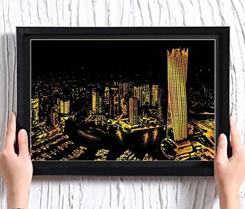 Ozlvii Scratch Off Art Paint Paper with Frame Night View Scratch Board Kits 16x11 Inch, Large Size Bright Landscapr City Painting, Scratch Pen & Brush and DIY Paper Included (Upgraded Tier, Dubai)