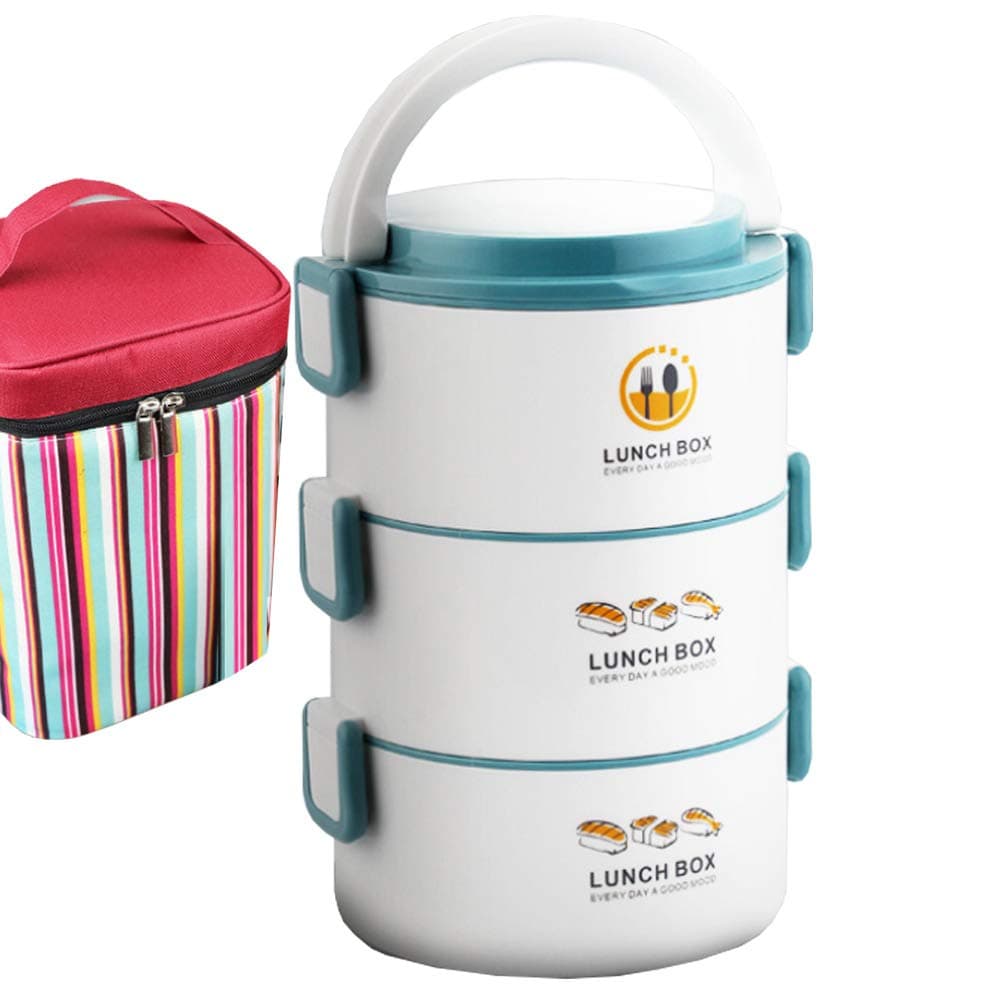 Insulated Lunch Box Bento Box Stackable Leakproof Stainless Steel Cutlery Multi-Layer Reusable with Storage Bag, Spoon,Blue,2layers