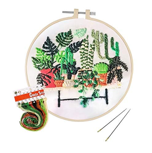 Full Range of Embroidery Kit with Pattern, Hartop Cross Stitch Starter Kit Including Embroidery Cloth with Plants Pattern,Plastic Hoop, Color Threads and Tools Kit (Potted Plant)