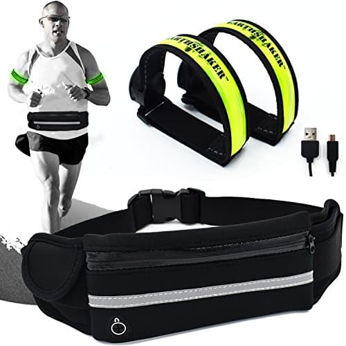 Earthshaker Running Belt - iPhone X 6 7 8 Phone Holder Fanny Pack - Reflective Waist Band/Pouch PLUS 2 packs USB Rechargeable LED Safety Lights Armband - Runners Gear/Accessories for Men and Women