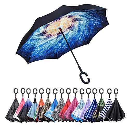 AWEOODS Inverted Umbrella Windproof Reverse Folding Double Layer Travel Umbrella with C Shape Handle