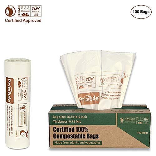 Primode 100% Compostable 2.6 Gallon Food Scraps Yard Waste Bags, 100 Count, Extra Thick 0.71 Mil. Compost Bags ASTMD6400 Small Kitchen Bin Trash Bags, BPI and TUV Certified, White