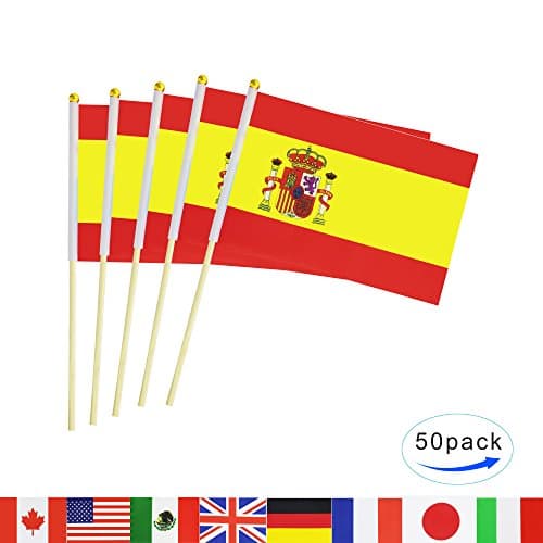 Spain Stick Flag,50 Pack Hand Held Small Spanish National Flag With Wood Pole Mini International Countries World Stick Flags Banner,Party Decorations For World Cup,Olympics,School Events,Sports Clubs