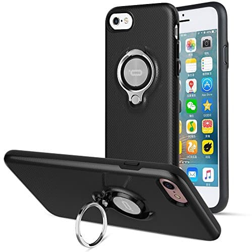 iPhone 7 case with Built in Magnetic Ring Holder Anti-Scratch Ring Grip Kickstand Perfect Fit Shock Absorption 360 Degree Rotating bumper Sturdy and durable Easy to put on (Black)