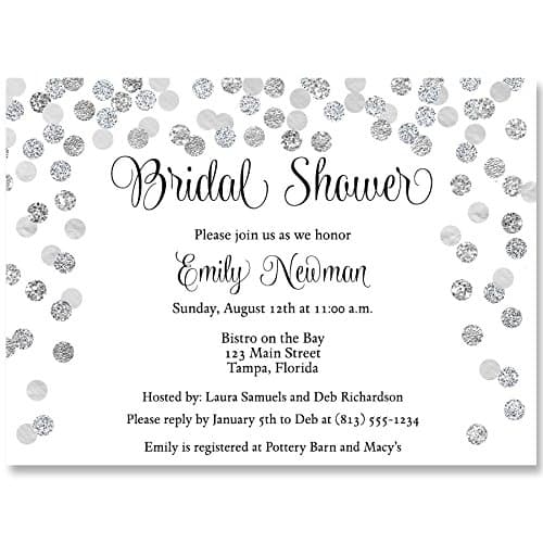 Bridal Shower Invitations, Silver, Confetti, Glitter, Black, Sparkle, Bling, Wedding Shower, Champagne Brunch, Personalized, Set of 10 Custom Printed Invites with Envelopes, Brunch and Bubbly, Silver
