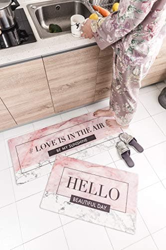 2 Piece Non-Slip Anti-Fatigue Kitchen Mat – (17.7" x 29.5"+17.7" x 59") Soft Non Skid Throw Rugs Runner Carpet for Kitchen Hallway Entryway and Bedroom – Oil Resistant Long PVC Kitchen F (Love air)