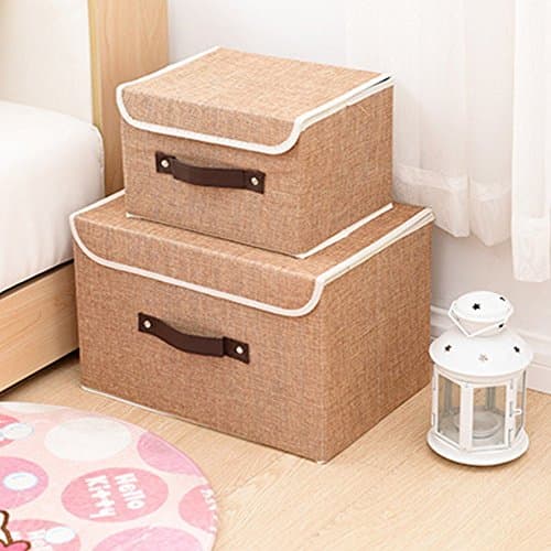 Larger&Small Multifunction Foldable Polyester Linen Canvas Storage Containers,Convenient Cubes Basket Storage Bin with Lid for Clothing,sock,underwear,Toys,Books,Art,Craft supplies ect (Khaki)