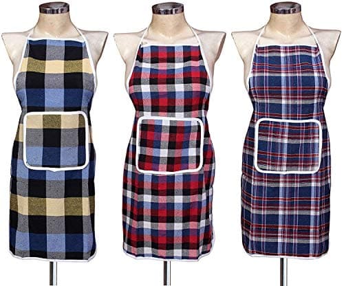 NIMKOS Waterproof Cotton Kitchen Apron with Front Pocket (Multicolour) - Set of 3