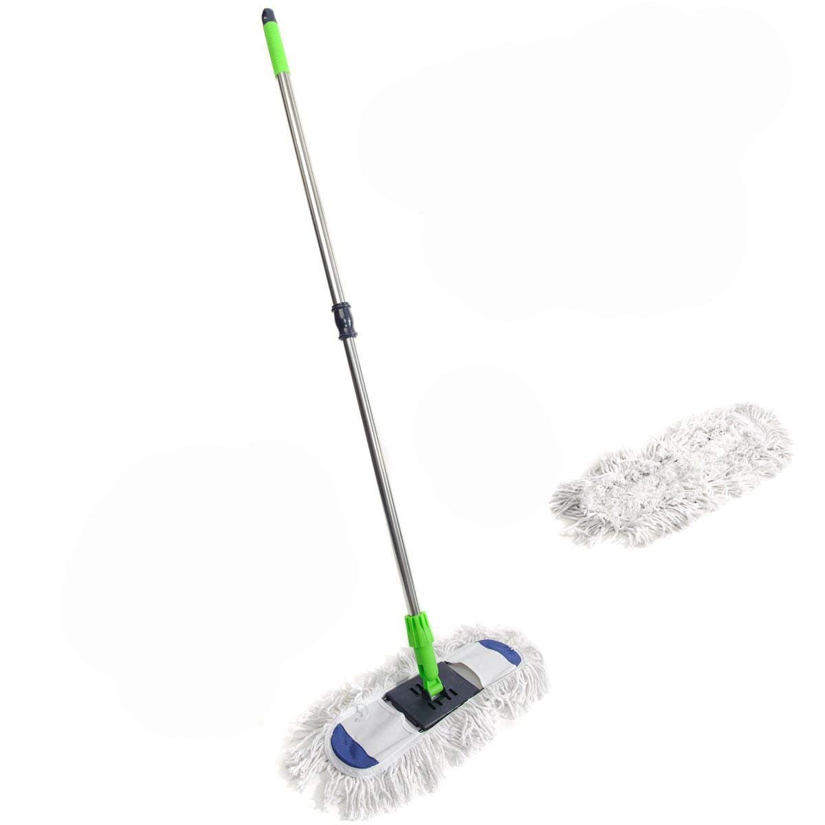 NFHOME Cotton Dust Mop Kit, 17" Wire Dust Mop Frame with Stainless Steel Telescopic Extension Handle and 1 Extra Refill, Green