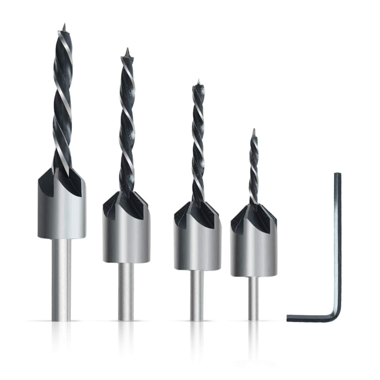 HOHXEN 4pcs Countersink Drill Bit Set(Round Shank) with 1pcs L-Shaped hex Wrench,Carpentry Countersink Drill Bit 3,4,5,6mm