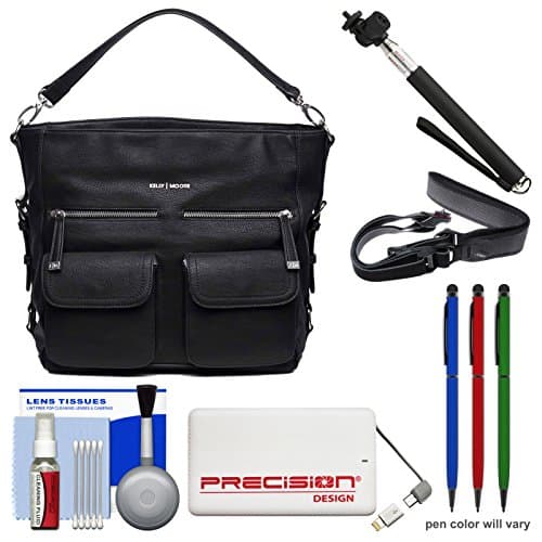 Kelly Moore 2 Sues 2.0 Camera / Tablet Bag with Shoulder & Messenger Strap (Shadow Black) with Sling Strap + Selfie Stick + Power Bank + (3) Stylus Pens + Cleaning Kit