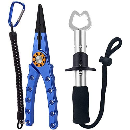 LuoKaGee Aluminum Fishing Pliers Braid Cutters Split Ring Pliers Hook Remover Fish Grapper Tools with Sheath and Lanyard (Fishing Pliers Blue + Fish Grabber)