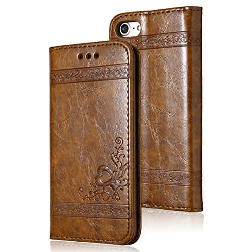 Leather Magnetic Flip Phone Cover Mobile Case for iPhone 7/8 – Card Slot – Stable Kickstand – Safe & Secure – Elegant & Unique (Coffee, iPhone 7/8)
