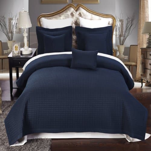 Wrinkle Free Checkered Quilted 3PC Coverlet Set/Bed Spread Set (Navy, King/California King)