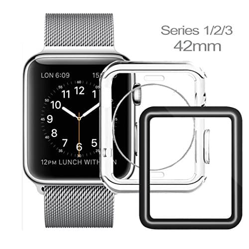 Apple Watch Screen Protector 42mm, Apple Watch Case, iWatch Case, Ultra Thin Clear TPU Cover + Full Coverage Scratch Proof Glass Screen Film for Apple iWatch 42mm Series 1/2/3