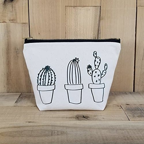 Hand Sketched Succulent and Cactus Drawing Cotton Canvas Makeup Bag with Brass Zipper