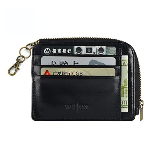 Womens RFID Leather Zipper Small Card Case Slim Wallet With Key Chain ID Window ( Black ) …