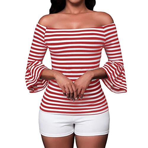 Women's Off Shoulder Tops Stretch Flared 3 4 Sleeve Striped T Shirt Blouse