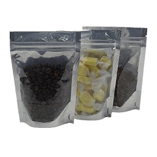 50 Pcs 5.5x7.9 inches Clear Front Stand Up Alone Mylar Bags Silver Aluminum Foil Pouch Zipper Tea Coffee Bulk Food Storage Packet Reclosable Heat Seal Zip Lock Packaging with Tear Notches