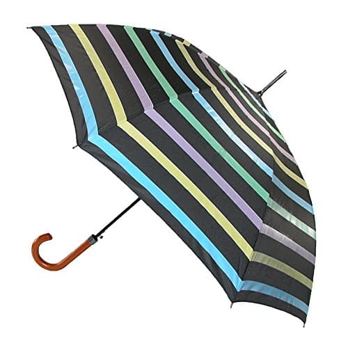 RainStoppers Umbrella Auto Open Wooden Hook Handle Changing Color Stripe Print, Black, 46"