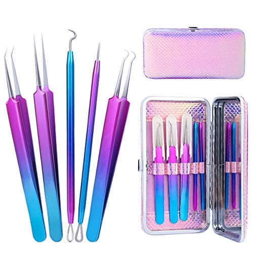Blackhead Tweezers Extractor Extraction Tool, Pimple Popper Tool, Acne Comedone Pimple Extractor, Blackhead Remover Kit, Pink, Treatment for Blemish, Whitehead Popping, Zit Removing for Nose Face Skin