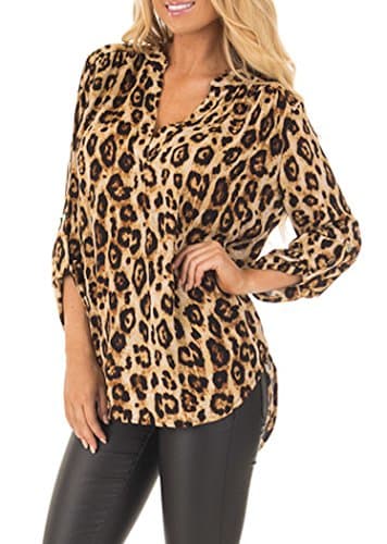 sisiyer Women's Casual V Neck Cuffed Sleeves Solid Chiffon Blouse Top Leopard Print Large