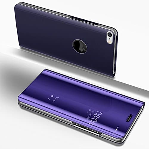 Etsue Mirror Leather Case for iPhone 8 Plus/iPhone 7 Plus Mirror Makeup Plating Flip Case Leather Case Clear Standing View Bookstyle Wallet Case Cover,Purple