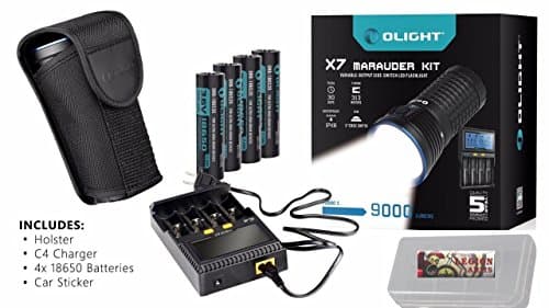 Rechargeable Kit: Olight X7 Marauder 9000 Lumen LED Flashlight Bundle with 4x HDC 3500mAh 18650 Batteries, C4 Smart Charger, Holster and LegionArms Battery case