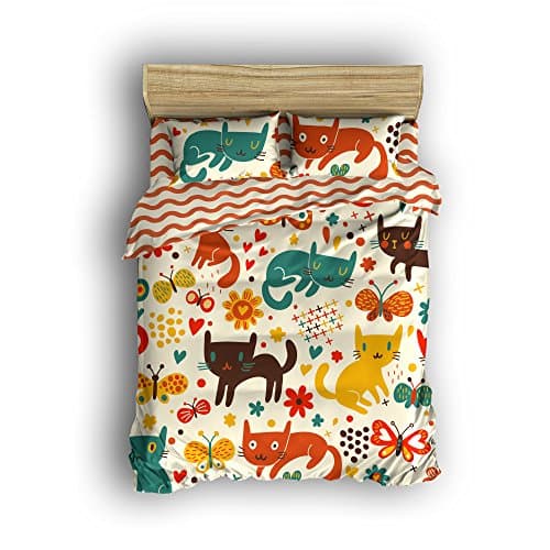 Pretty Lee 4Pcs Bedding Set For Kids Cute Playful kitten and Ripples Partten Print Comforter 1 Flat Sheet 1 Duvet Cover and 2 Pillow Cases Soft Bedclothes Full Size