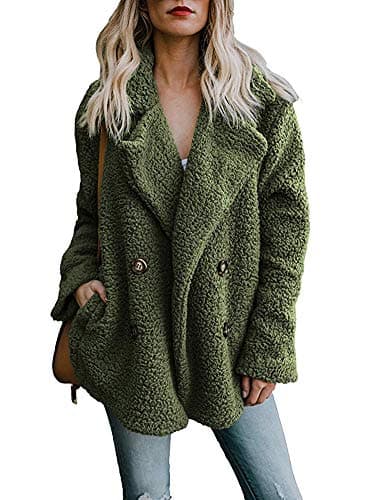 OopStyle Womens Lapel Sherpa Fleece Open Front Coat with Pockets Outerwear