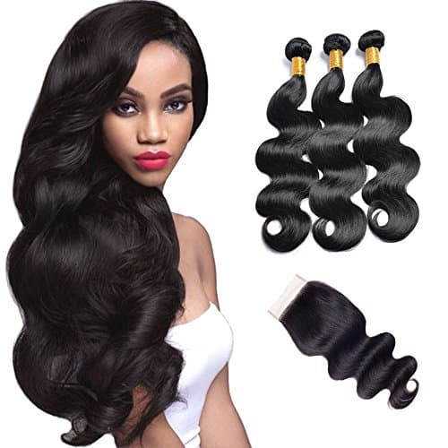Niiwi 3 Bundles With Closure,100% Unprocessed Real 8A Brazilian Body Wave Hair,Ideal For Parties,Celebration,Wedding & Daily Life- Nature Black (10 12 14 + 10'' free part closure)