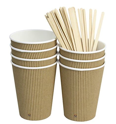 40 Count Insulated Ripple Hot Paper Coffee Cups with 7-Inch Wood Stirrers Coffee Stir Sticks - Perfect for Your Coffee/Tea, No Sleeves Needed (12 Ounce, Brown)