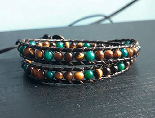 Tiger eye chrysocolla natral stone leather 2 wrap bracelets for men and women fashion friendship gift