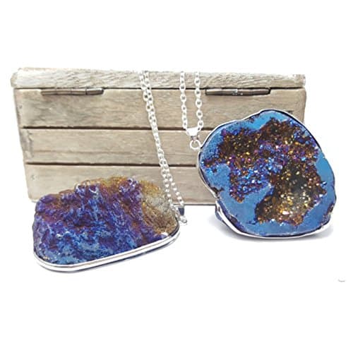 Titanium Geode Quartz Druzy Reversible Crystal Rock Silver Plated 30" Necklace