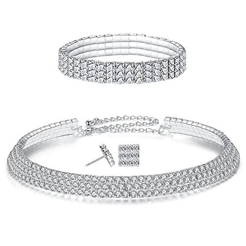 1/2/3/4/5 Row Wedding Crystal Rhinestone Bridal Necklace Earrings and Bracelet Jewelry Set