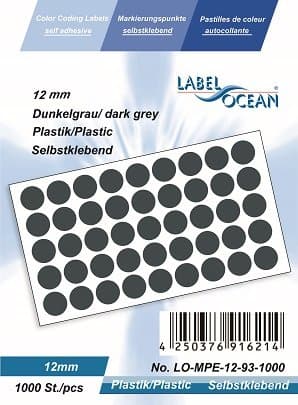 Pack of 1000-12 mm Plastic PVC Waterproof Coloured Dot Stickers Round Sticky Adhesive Spot Circles (Dark Grey)