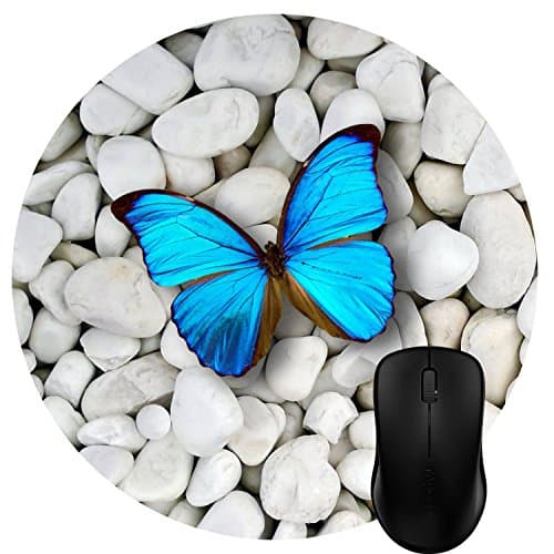 Luckcac Round Mouse Pad Customized Design, Navy Blue Nature Butterfly and Cute White Marble Stones