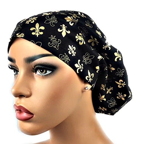 DK Scrub Hats Women’s Adjustable Bouffant Scrub Hat Ponytail Surgical Cap Black with Fleur de Lis