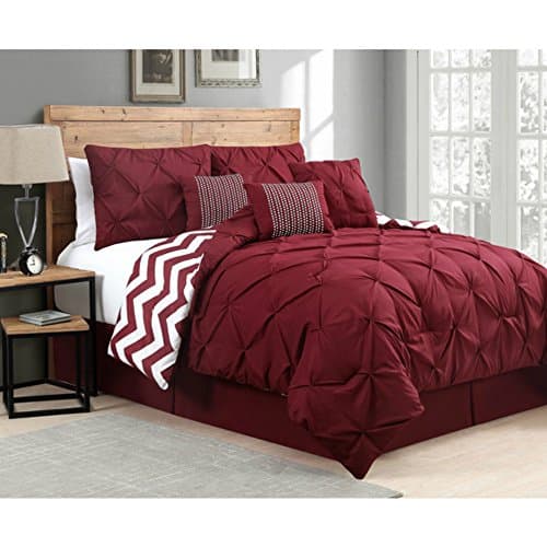 Queen Size Classic & Elegant Pinch Pleat Comforter Set in Burgundy Red For Contemporary Bedroom - 7 Pieces
