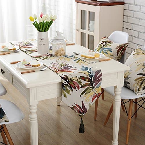 Beautiful Type Countryside Leaves Pattern Table Cloth Runners with Tassels (12.5" x 78", red)