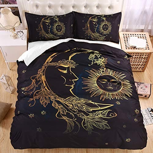 QzzieLife 3D Galaxy Sun Moon Bedding Print Stars Soft Microfiber Duvet Cover Sets Queen Size