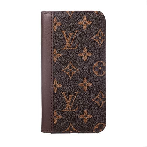 Brown Monogram - Luxury Elegant Designer PU Leather Classic Style Protective Wallet Flip Case Cover Anti Scratch Drop Protection for Apple (iPhone XR)