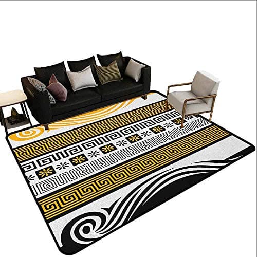 Superior Hall Carpet Greek Key,Neoclassical Borders Collection Meander Pattern and Flowers with Waves, Marigold Black White