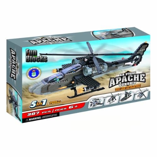 Fun Blocks (Compatible with Lego) Apache Helicopter 5-in-1 Brick Set (387 Pieces)