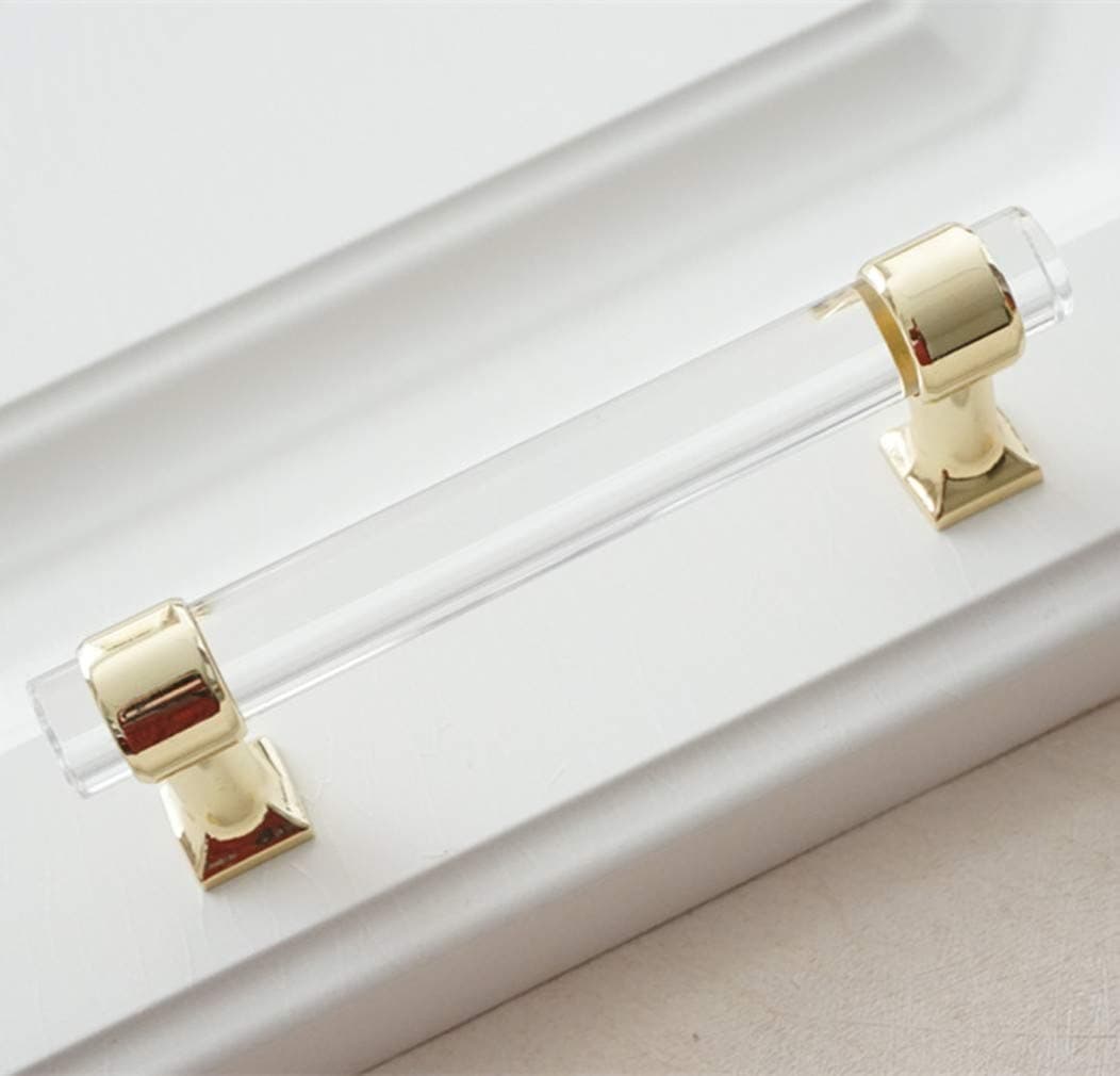 MOODSCUS 3.0" 3.78" 5.0" 6.3" Acrylic Cabinet Pulls Glass Look Lucite Drawer Pull Dresser Handles Gold 76 96 128 160mm,3.0"holecenters