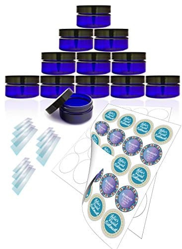 Blue Jars Cobalt blue 2 oz PET Plastic 12 pack, White Glossy Labels, and Heat Shrink Wrap Seals.